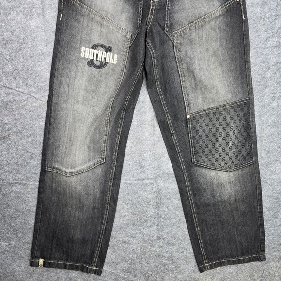 Southpole Jeans‎ Mens 29 Black Gray Baggy Denim Streetwear Patch Vintage Style - Picture 7 of 11